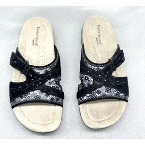 Womens Earth Origins Sandals Black Suede Floral Slides Adjustable Sander Sz 8.5